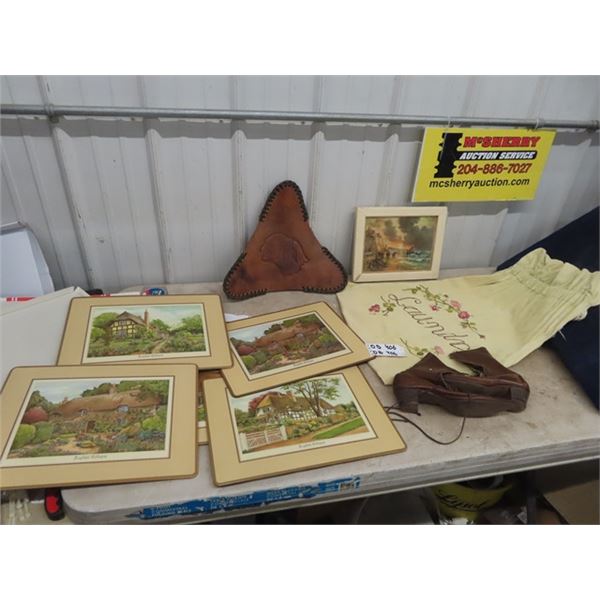 Embroidered Laundry Bag, Vintage Ladies Shoes,  Picture, Place Mats, Leather Artwork with Native Ima