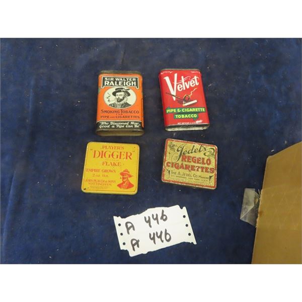 4 Tobacco TIns; Velvet, Players Digger, Regelo,  Walter Raleigh