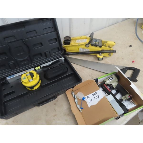 Air Brad Nailer, Laser Level, 2 Ton Floor Jack  Saw