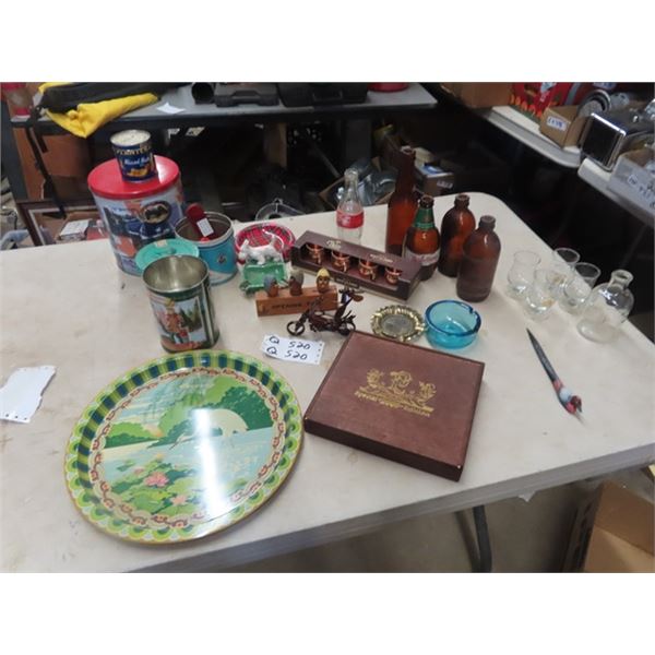 Shot Glasses, Metal Tray, Cigar Tins, Beer Bottles  Metal Motorcycle Ornament