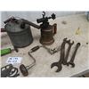 Image 2 : Coleman Blow Torch, Old Wrenches, Gas Can, Tractor Starting Crank plus more