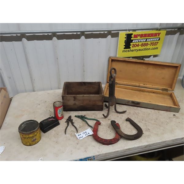 Anchor Wooden Case with 1/2 Latch, Kmart Radiator Lock Tin, Saw, Setter plus more