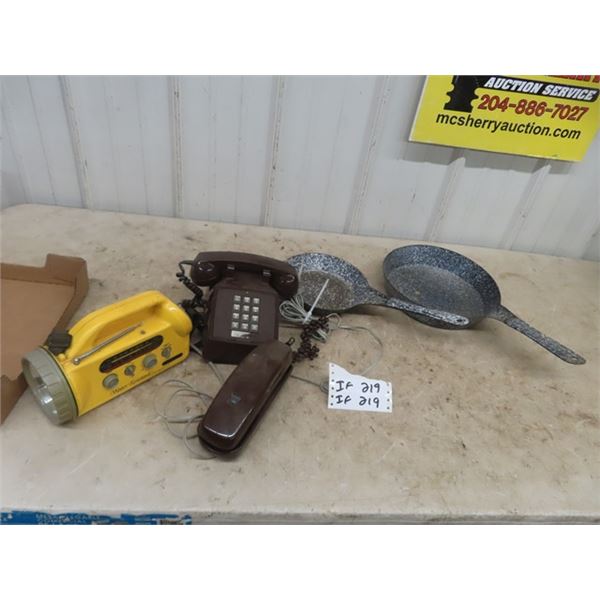 2 Granett Frying Pans, 2 Telephones & Radio/Flashlight