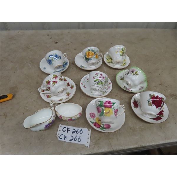 8 Cup + Saucer Pairs; Royal Albert, Queen Anne,  Royal Vale, Colclough , T+K