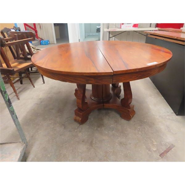 (ww) Tiger Oak Round Table 54  Across plus 3 Leaves Totalling 33   & 8 Chairs - Not the Best Conditi