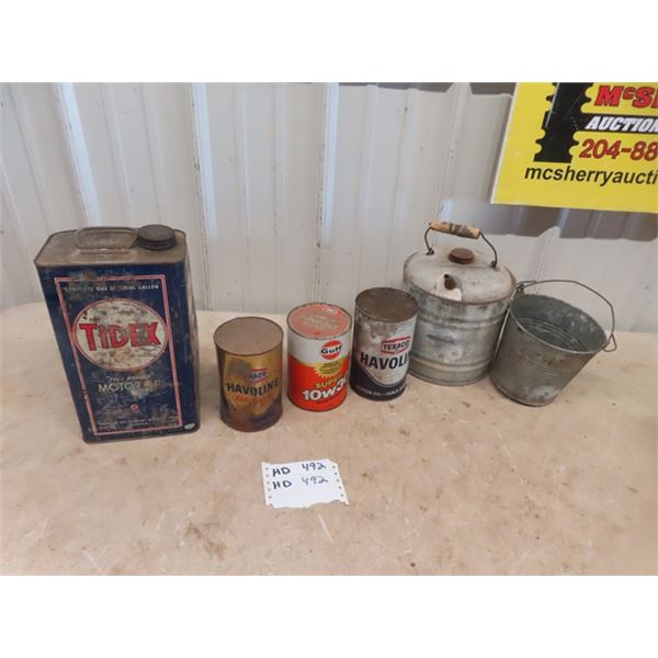 (hd) Galvanized Kerosene Pail, Oil Cans; Texaco, Gulf & 1/2 Tidex Can