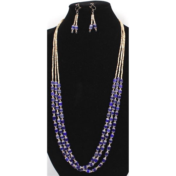 Vintage 3 Strand Trade Bead Necklace and Earrings