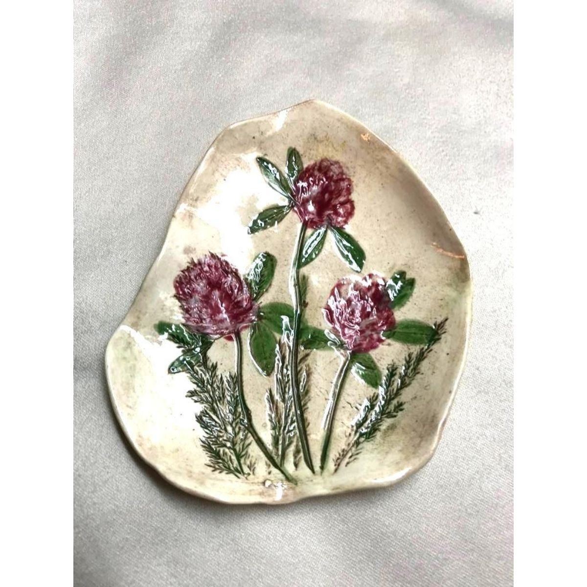 Pink Clover Signed Ceramic Pin Dish