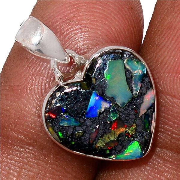 Ethiopian Opal Pyrite Sterling Heart Pendant