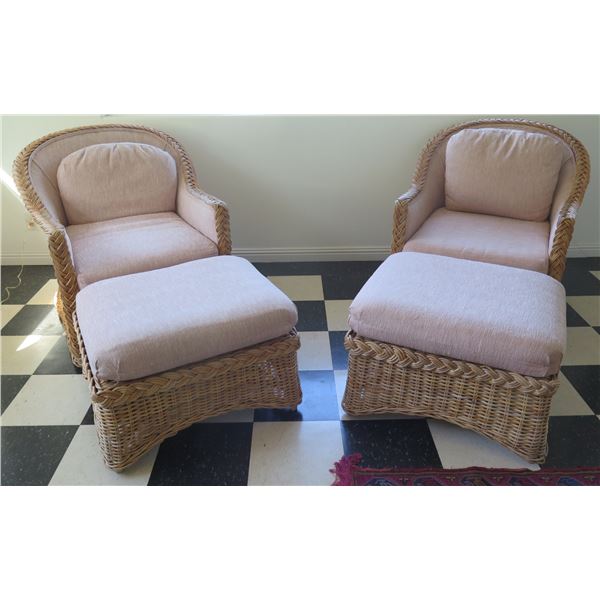 Qty 2 Woven Chairs w/ Upholstered Seat & Back Cushions & Matching Ottomans