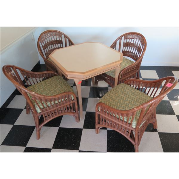 Wood & White Top Table 32"x32"x30"H & 4 Bamboo Chairs w/ Cushions 24"x21"x34"H