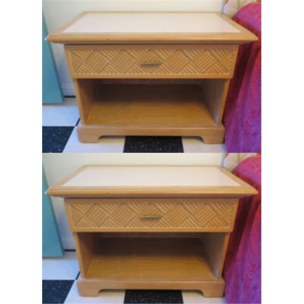 Qty 2 Wood & White Top Night Stands w/ Woven Design Drawers