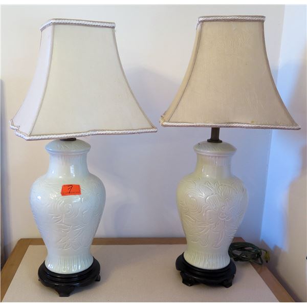 Qty 2 Table Lamps w/ White Etched Base & White Square Shades