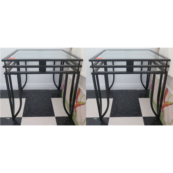 Qty 2 Black Metal End Tables w/ Glass Top 21"x21"x21"