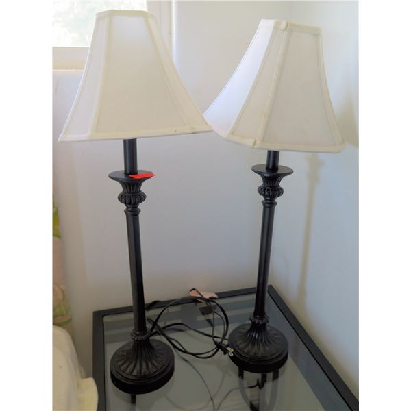 Qty 2 Table Lamps w/Black Pedestal Base & White Shades 29"H