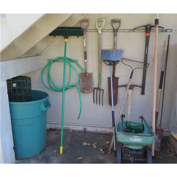 Misc Landscape Tools: rakes, Shovels, Axe, Rubbish Can, Broom, Wheelbarrow, etc