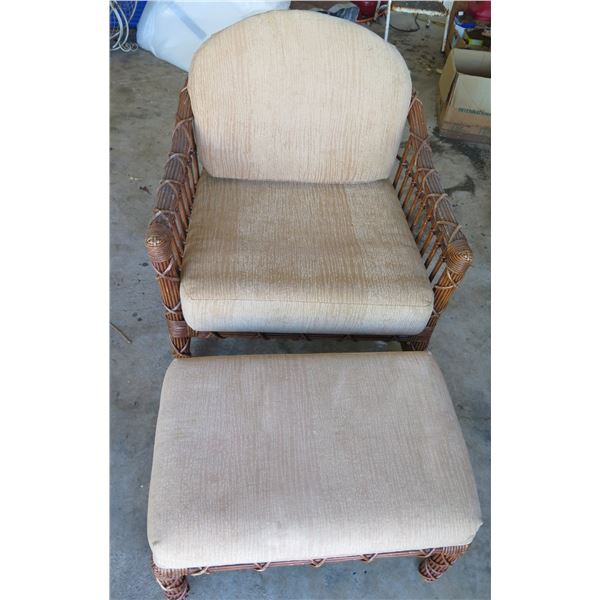 Woven Rattan Chair & Matching Ottoman w/ Upholstered Seat Cushion & Back 31"x24"x32"H