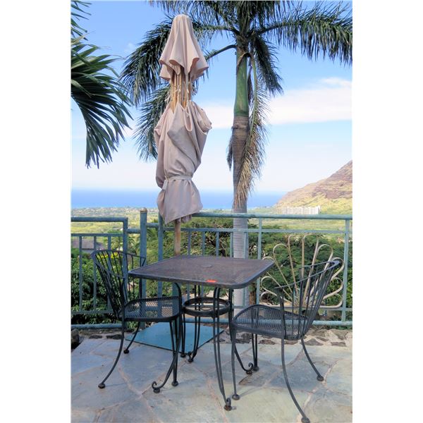 Metal Mesh Square Table & 2 Chairs w/ Outdoor Umbrella in Pedestal Base