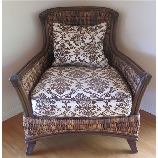 Wood & Wicker Chair w/ Floral Seat & Back Cushions
