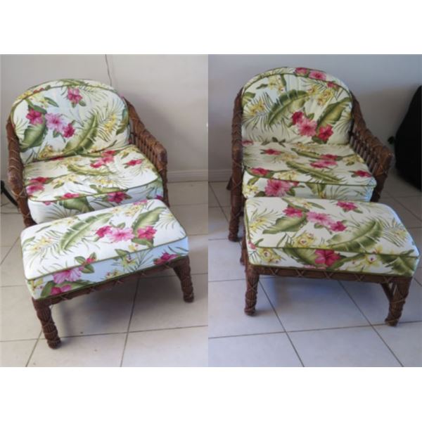 Qty 2 Bamboo Chairs w/  Matching Ottomans & Floral Seat & Back Cushions