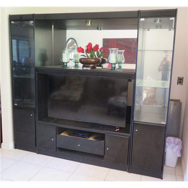 Black & Glass Entertainment Center Cabinet 85"x18"x76"H (Contents Not Included)