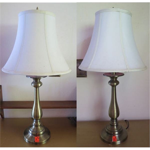 Qty 2 Table Lamps w/ Metal Pedestal Base & White Shades 26"H