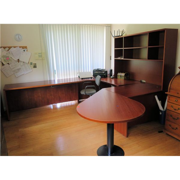 Wooden Office Sectional Desk Set w/ Hutch, Leaf & Chair (Contents Not Included)