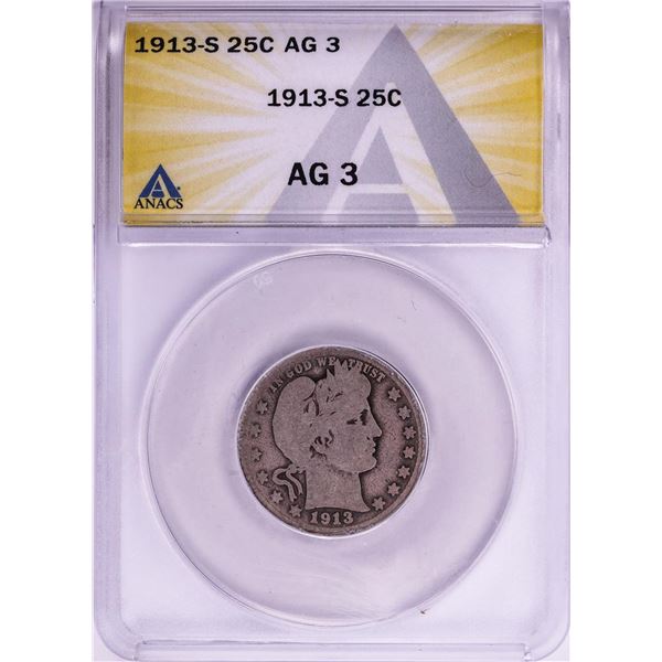 1913-S Barber Quarter Coin ANACS AG3