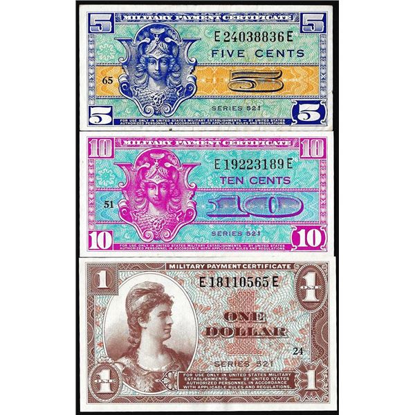 Lot of (3) Series 521 Five Cents, Ten Cents and $1 Military Payment Certificate Notes