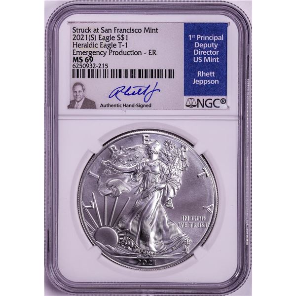 2021(S) Ty. 1 $1 American Silver Eagle Coin NGC MS69 Jeppson Signed Emergency Release