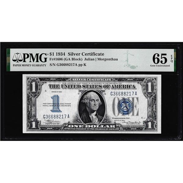 1934 $1 Funnyback Silver Certificate Note Fr.1606 PMG Gem Uncirculated 65EPQ