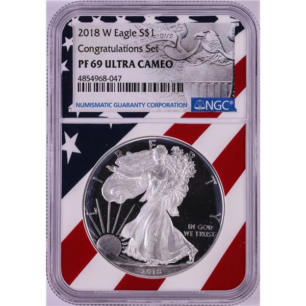 2018-W $1 Proof American Silver Eagle Coin NGC PF69 Ultra Cameo Congratulations Flag