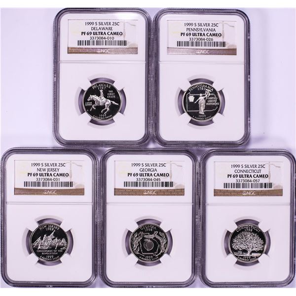 Set of (5) 1999-S Silver Proof State Quarter Coins NGC PF69 Ultra Cameo