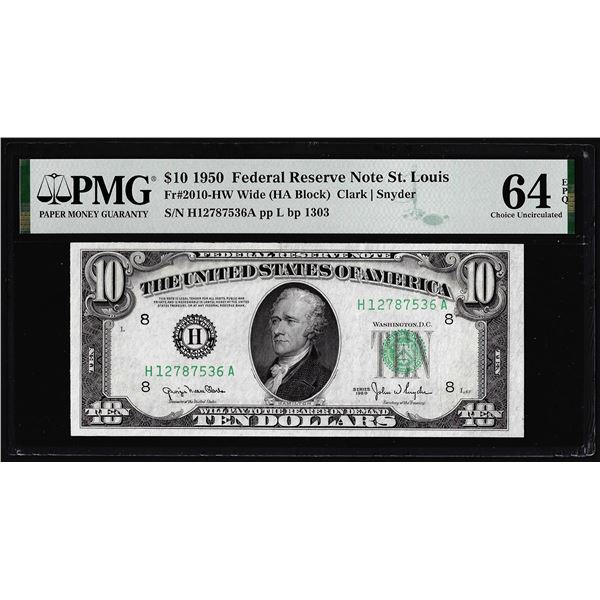 1950 $10 Federal Reserve Note St. Louis Fr.2010-HW PMG Choice Uncirculated 64EPQ