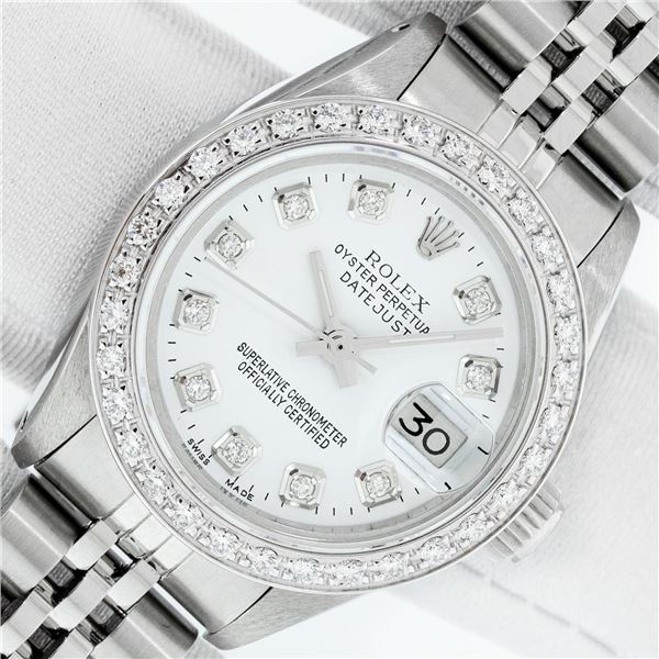 Rolex Ladies Stainless Steel White Diamond Datejust Wristwatch
