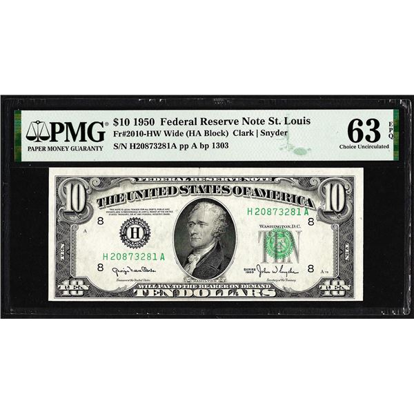 1950 $10 Federal Reserve Note St. Louis Fr.2010-HW Wide PMG Choice Uncirculated 63EPQ