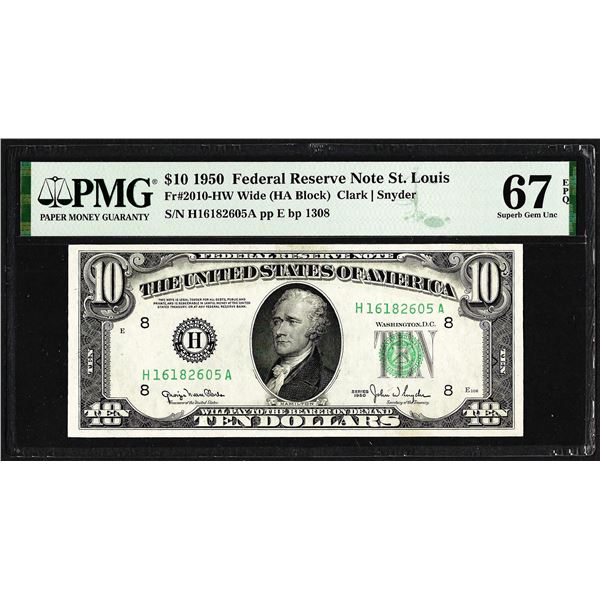 1950 $10 Federal Reserve Note St. Louis Fr.2010-HW PMG Superb Gem Uncirculated 67EPQ