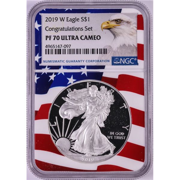2019-W $1 Proof American Silver Eagle Coin NGC PF70 Ultra Cameo Congratulations Flag
