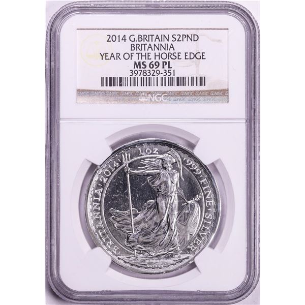 2014 Great Britain 2 Pounds Britannia Year of the Horse Silver Coin NGC MS69 PL