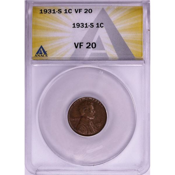 1931-S Lincoln Wheat Cent Coin ANACS VF20