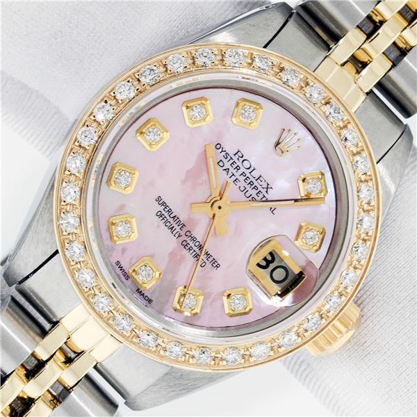 Rolex Ladies Two Tone Pink Mother of Pearl Diamond Datejust Wristwatch