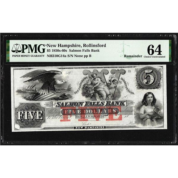 1860's $5 Salmon Falls Bank Rollinsford, NH Obsolete Note PMG Superb Gem Unc. 64