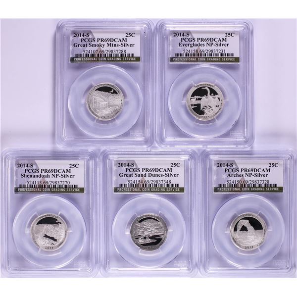 2014-S Silver Proof National Parks Quarter (5) Coin Set PCGS PR69DCAM