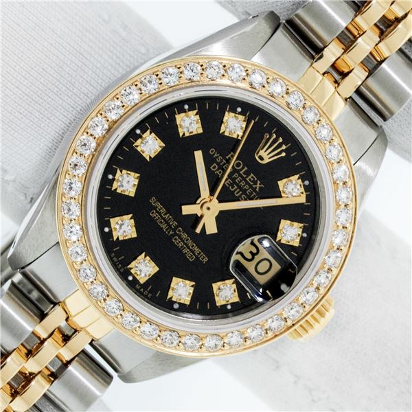 Rolex Ladies Two Tone Black 1 ctw Diamond Datejust Wristwatch