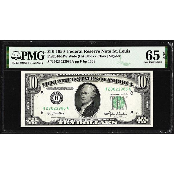 1950 $10 Federal Reserve Note St. Louis Fr.2010-HW PMG Gem Uncirculated 65EPQ