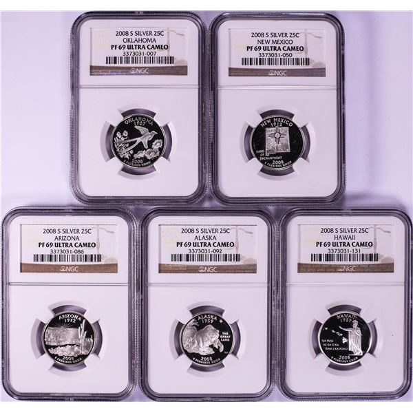Set of (5) 2008-S Silver Proof State Quarter Coins NGC PF69 Ultra Cameo