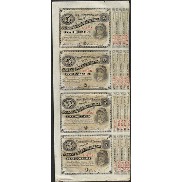Uncut Sheet of (4) State of Louisiana Baby Bond Obsolete Notes
