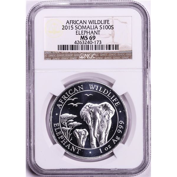 2015 Somalia 100 Shillings African Wildlife Elephant Silver Coin NGC MS69