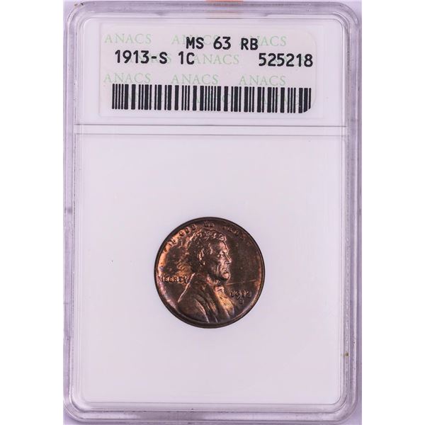 1913-S Lincoln Wheat Cent Coin ANACS MS63RB