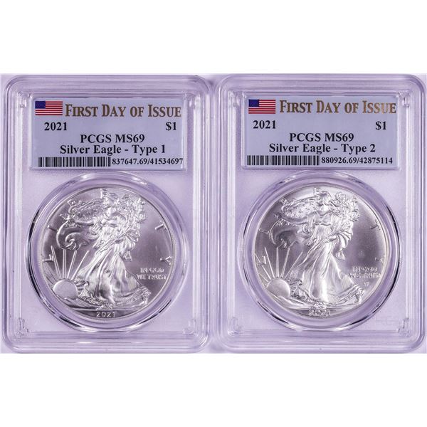 Lot of 2021 Type 1 & 2 $1 American Silver Eagle Coins PCGS MS69 First Day of Issue